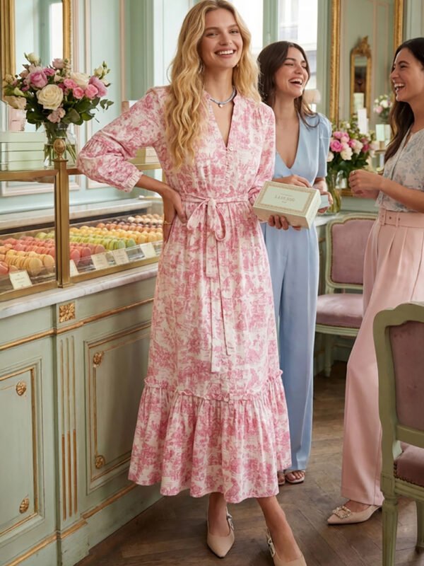 Abito rosa in block print con stampa tigre indossato in stile boho chic elegante