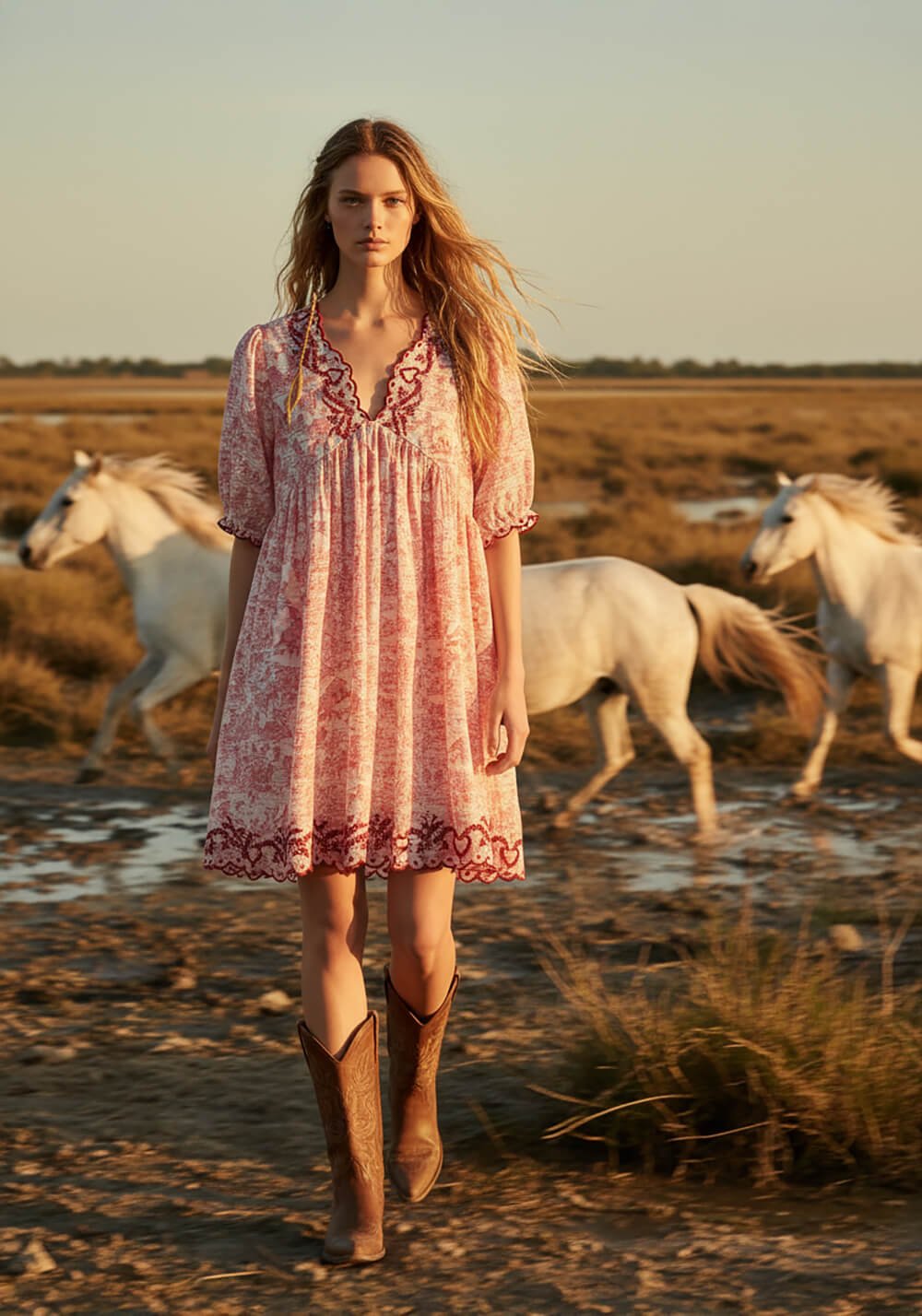 Donna con abito corto rosa boho in paesaggio naturale
