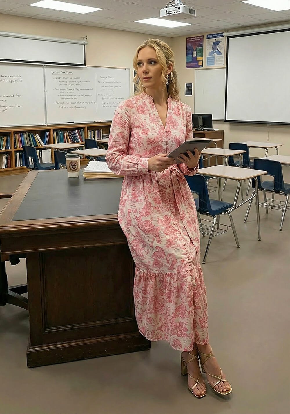 Donna con abito lungo stampato seduta su terrazza