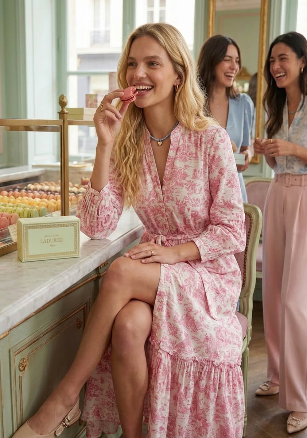 Donna con coordinato top e pantalone floreale in campo