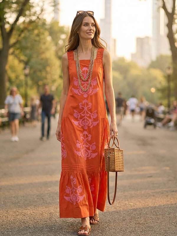 abito lungo tramonti orientali rosso indossato modella con borsa