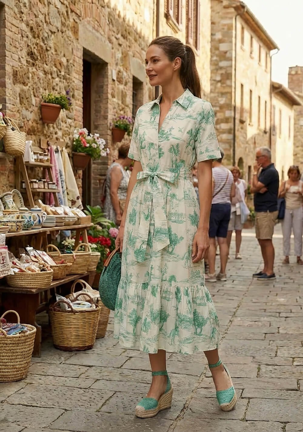 Donna con abito corto stampato in ambiente naturale