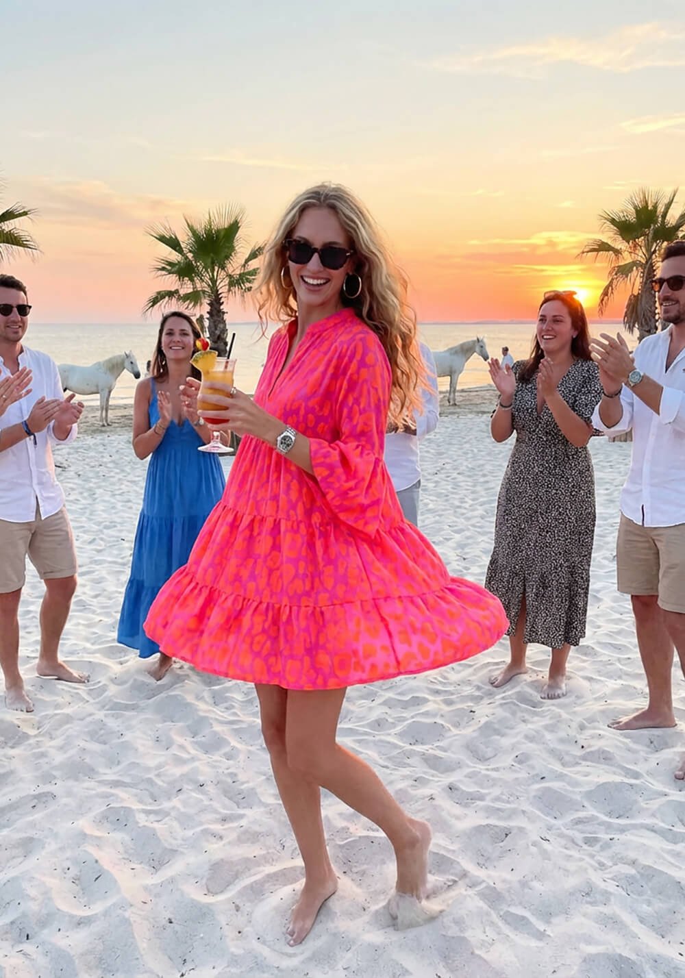 Donna con abito rosa fluo sulla spiaggia al tramonto