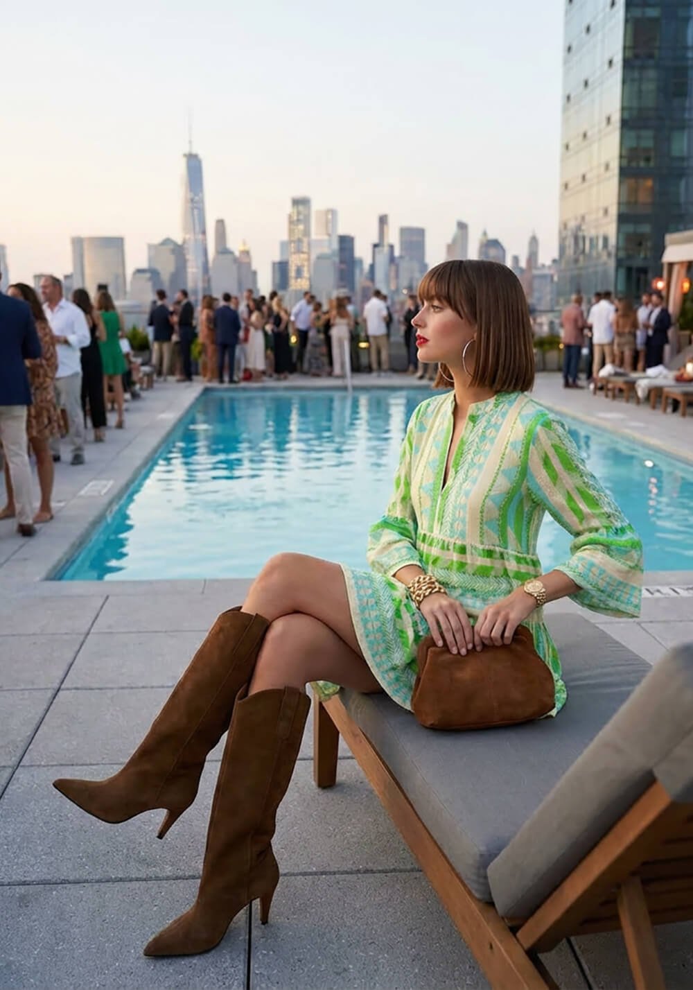 Donna con abito verde geometrico e stivali su rooftop