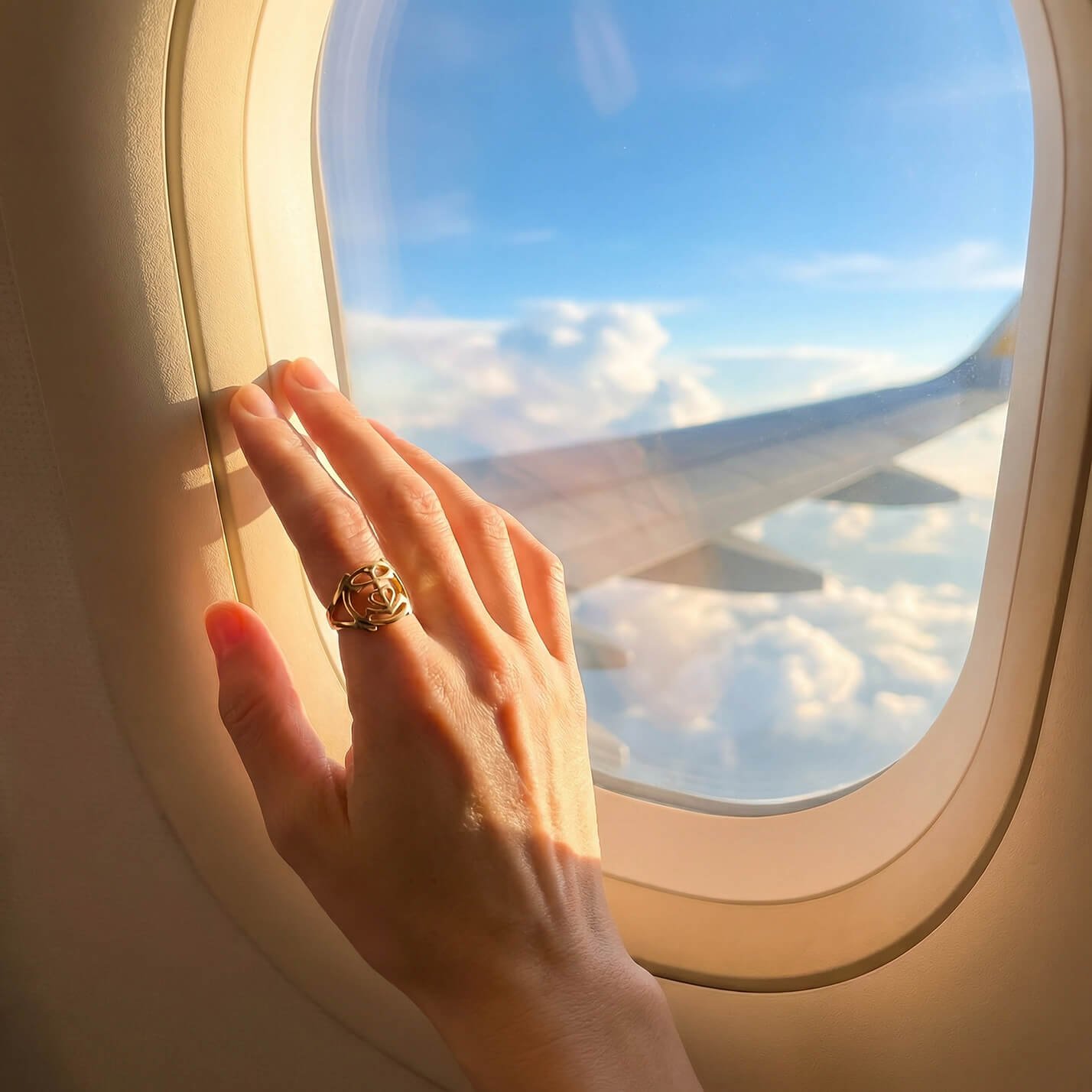 Mano con anello eterno al finestrino dell’aereo