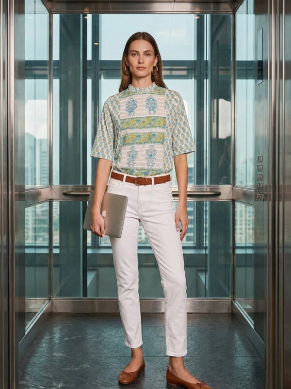 blusa smeraldo di jaipur verde block print indossato da modella in ascensore stile urbano