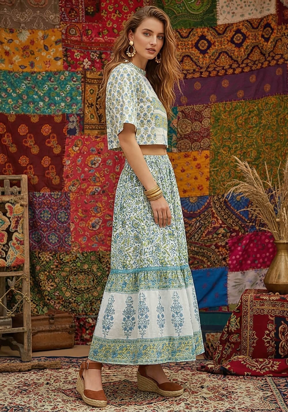 Donna con completo verde stampa etnica in set boho