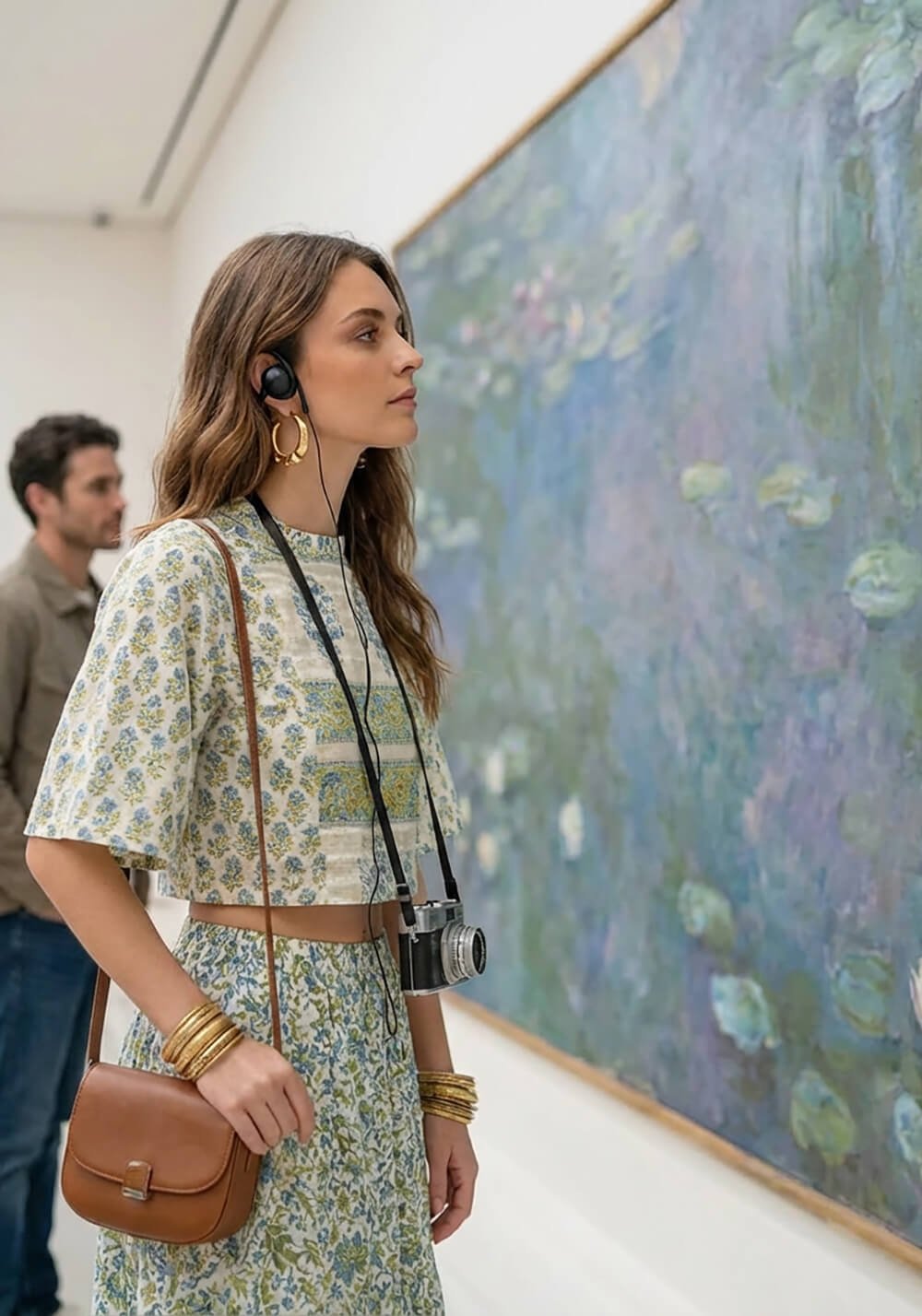 Donna con completo verde stampa etnica in museo