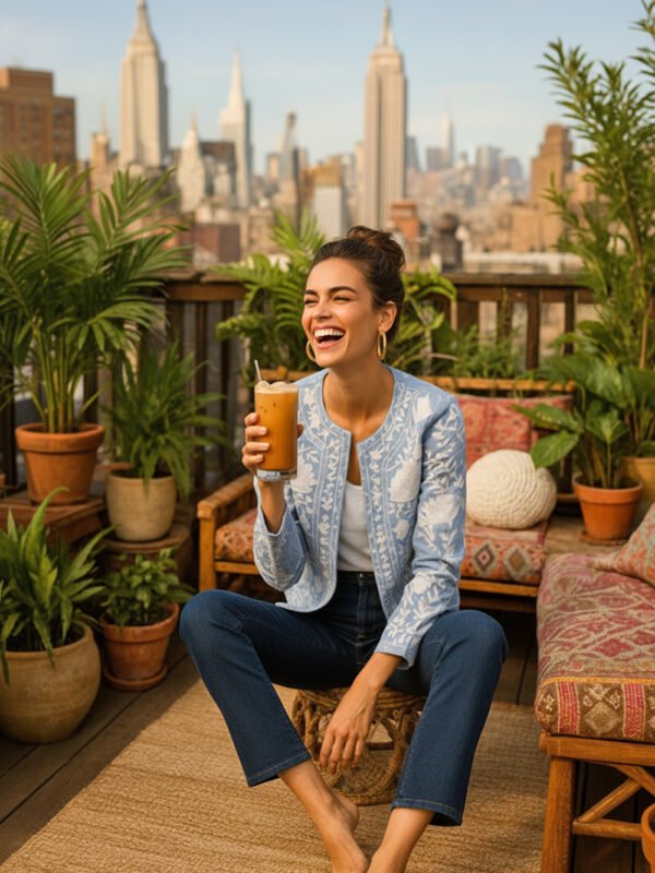 giacca fiori boho azzurra indossata modella terrazza