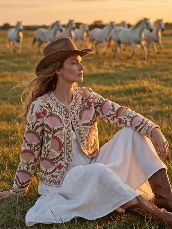 dettaglio giacca fiori boho rosa indossata modella versione libera